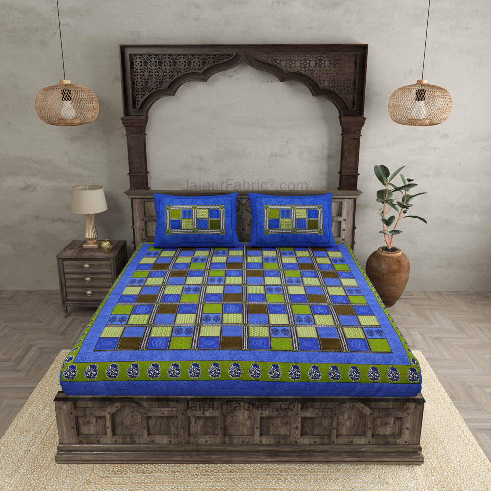 Blue Border Multicolor Checkered Super fine Cotton Double Bedsheet