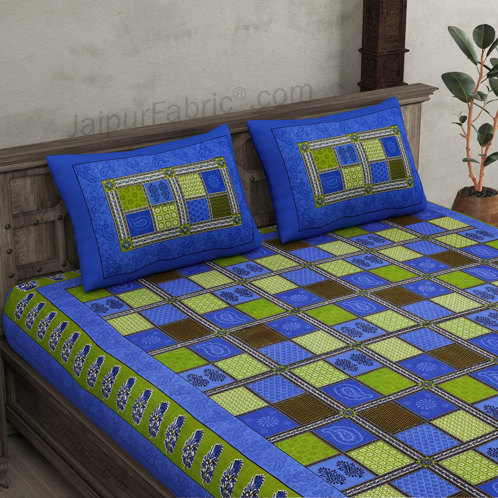 Blue Border Multicolor Checkered Super fine Cotton Double Bedsheet
