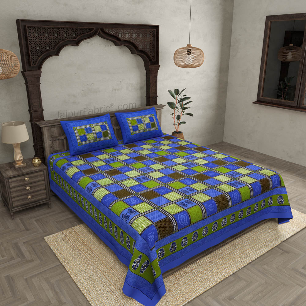 Blue Border Multicolor Checkered Super fine Cotton Double Bedsheet