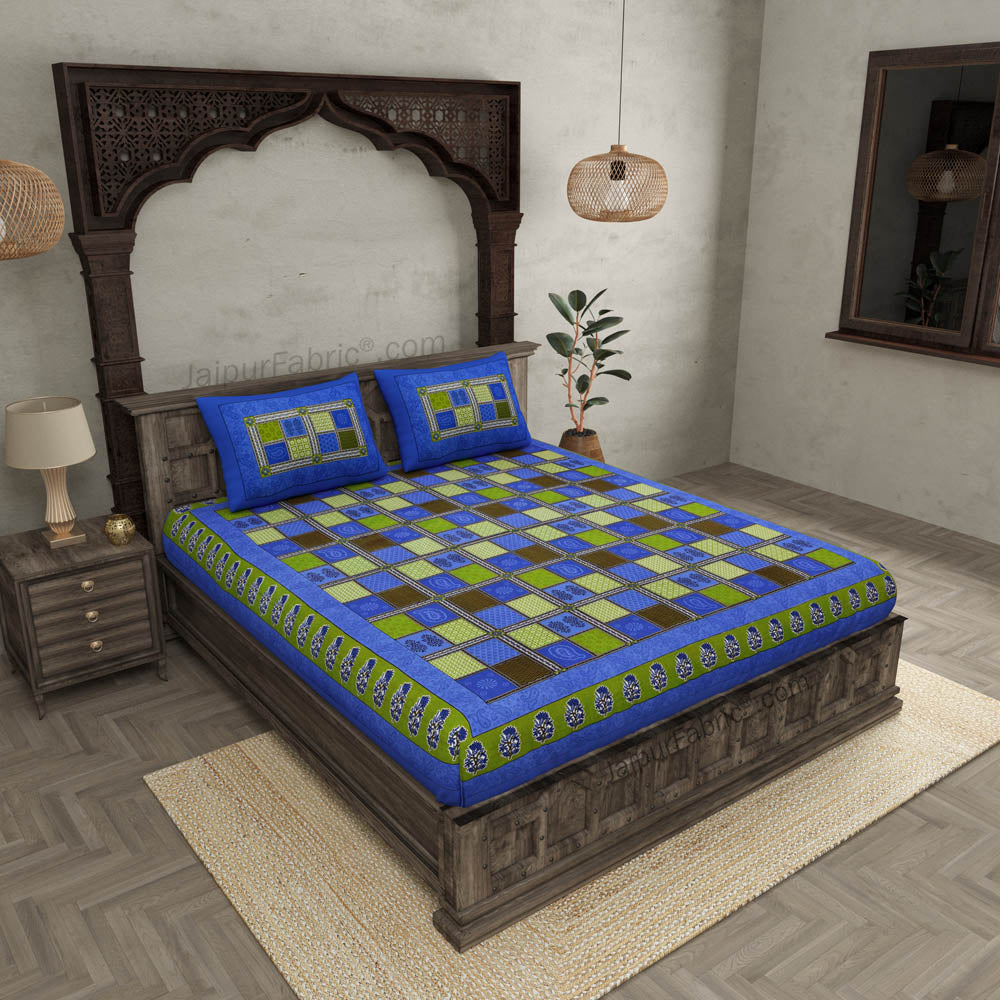 Blue Border Multicolor Checkered Super fine Cotton Double Bedsheet