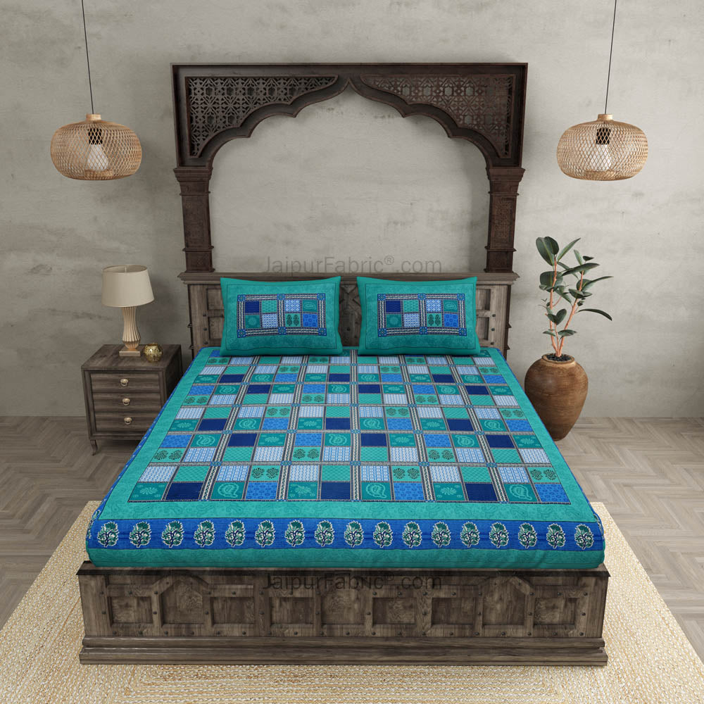 Sea Green Border Multicolor Checkered Super fine Cotton Double Bedsheet