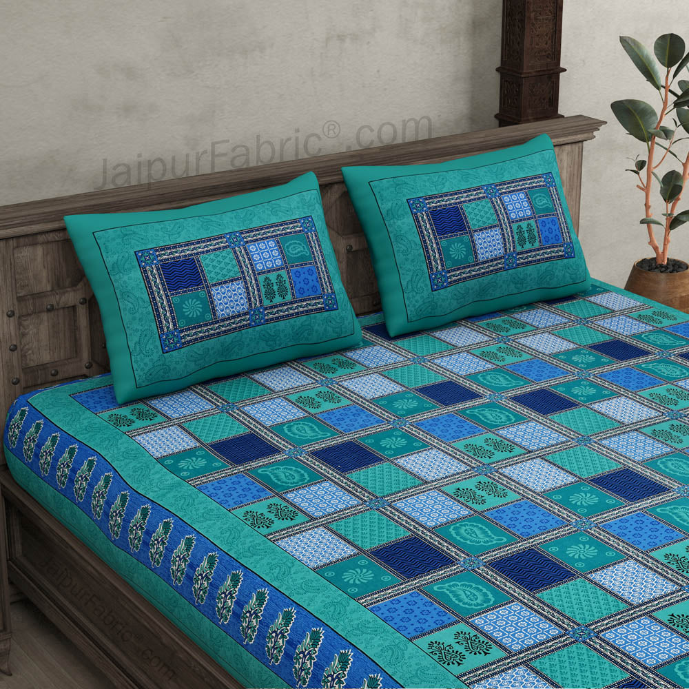 Sea Green Border Multicolor Checkered Super fine Cotton Double Bedsheet