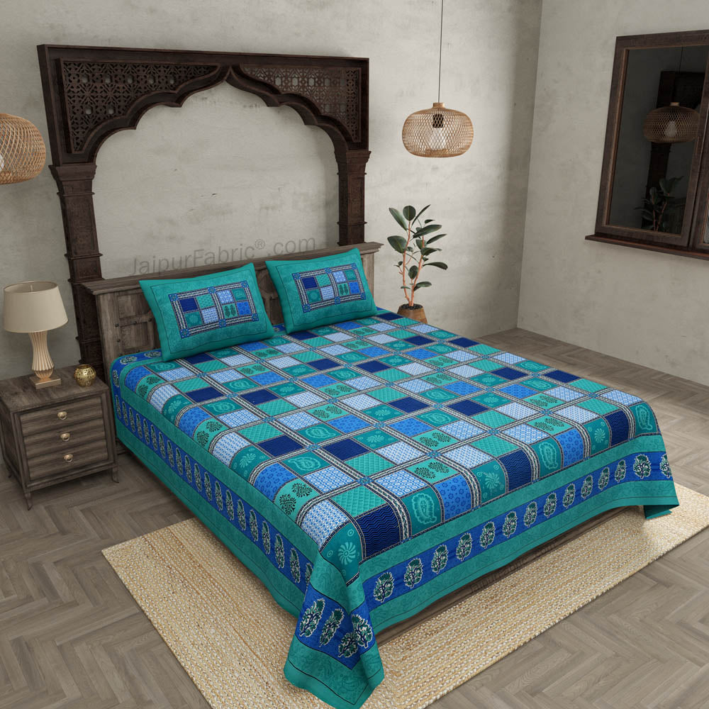 Sea Green Border Multicolor Checkered Super fine Cotton Double Bedsheet