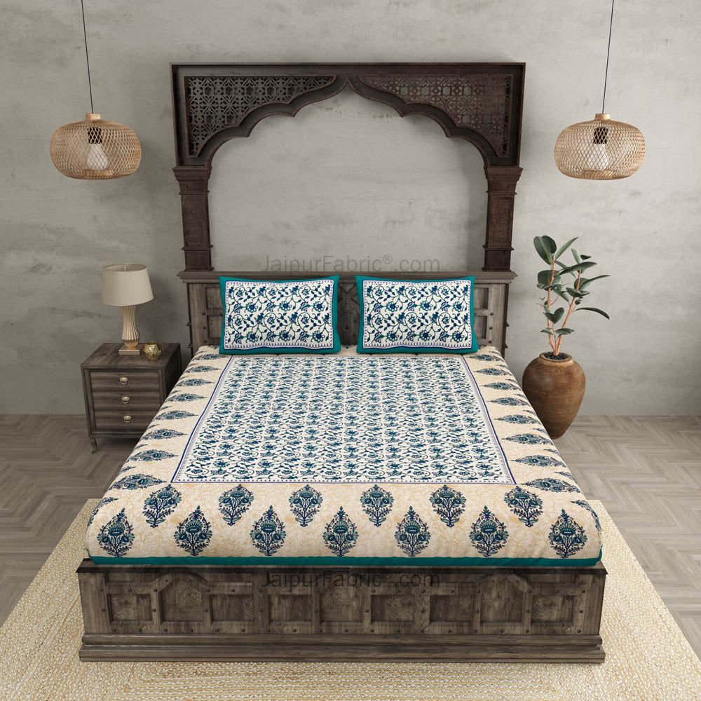 Sea Green Border Tropical keri Design Cotton Double Bed Sheet