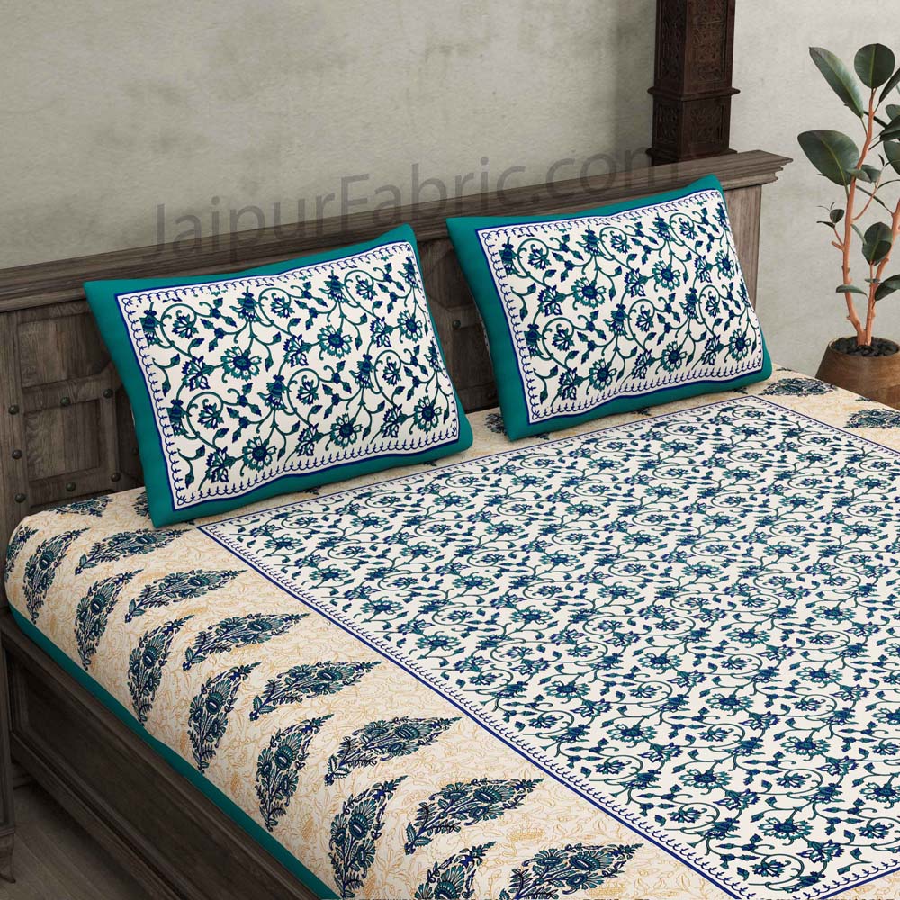 Sea Green Border Tropical keri Design Cotton Double Bed Sheet