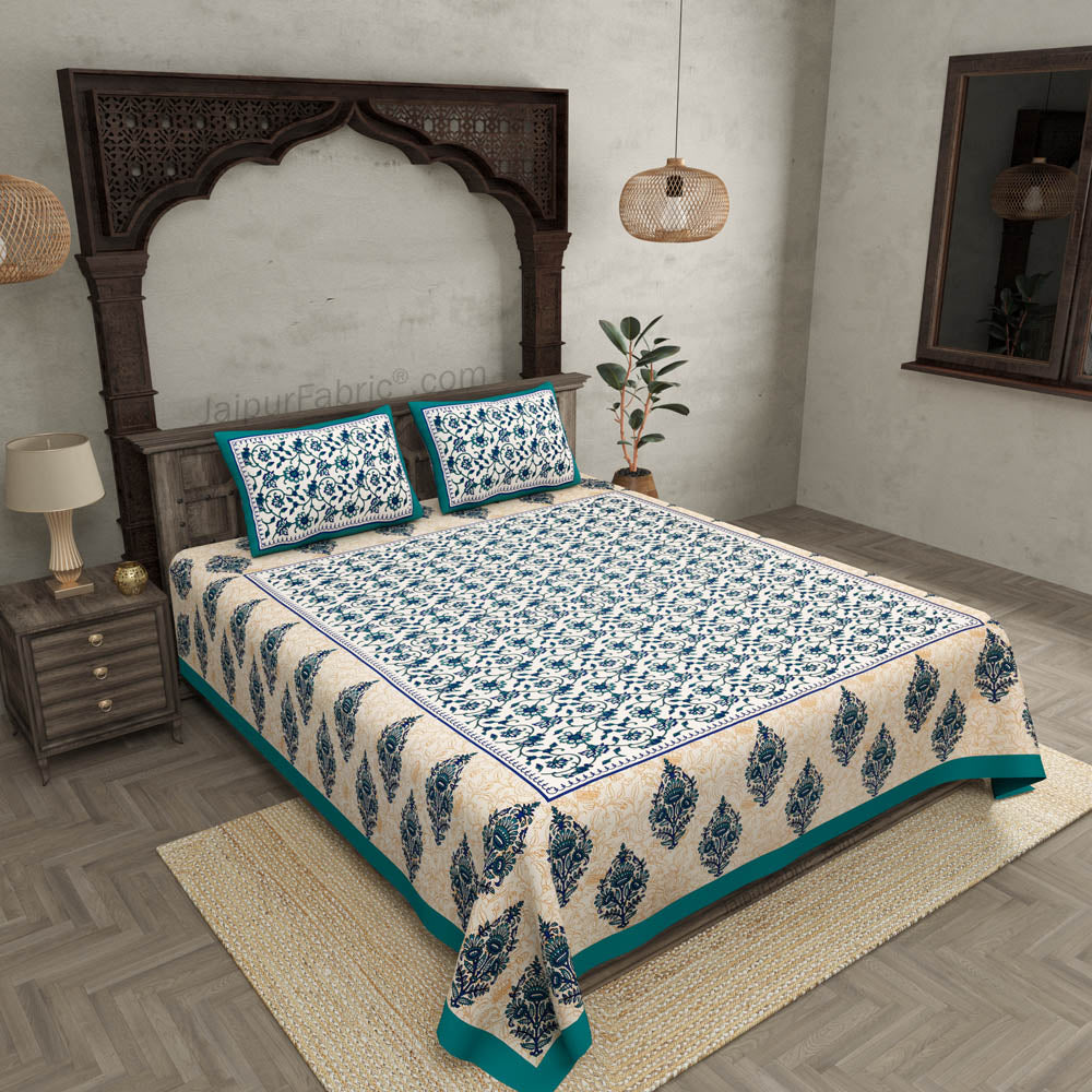 Sea Green Border Tropical keri Design Cotton Double Bed Sheet
