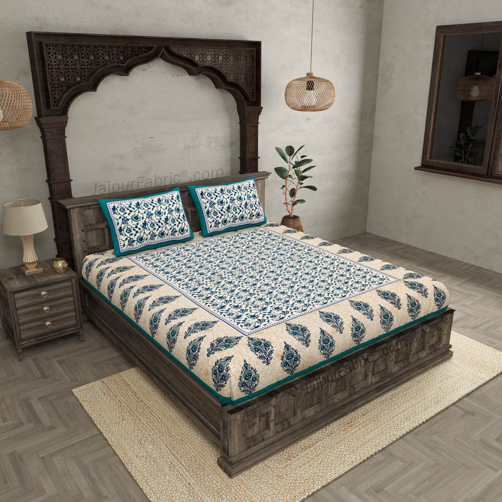 Sea Green Border Tropical keri Design Cotton Double Bed Sheet