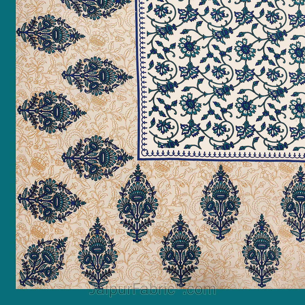 Sea Green Border Tropical keri Design Cotton Double Bed Sheet