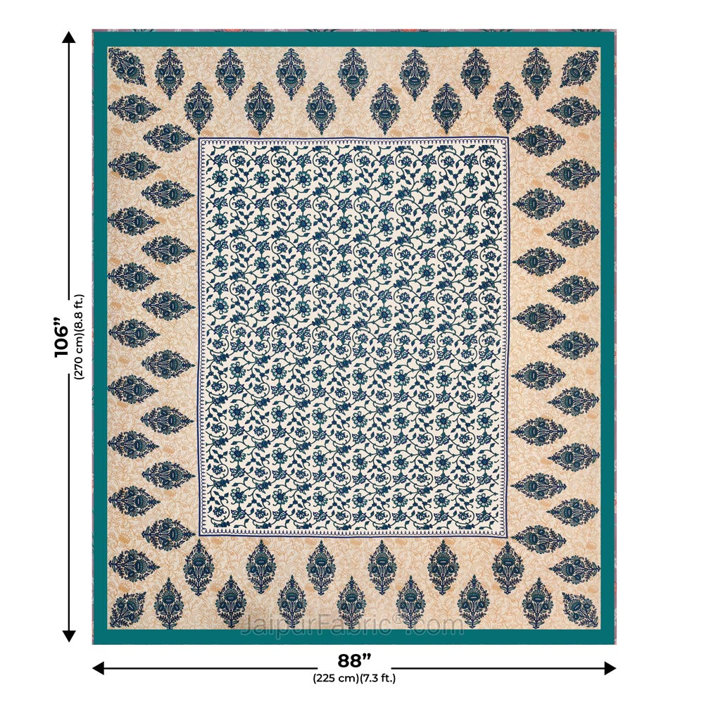 Sea Green Border Tropical keri Design Cotton Double Bed Sheet