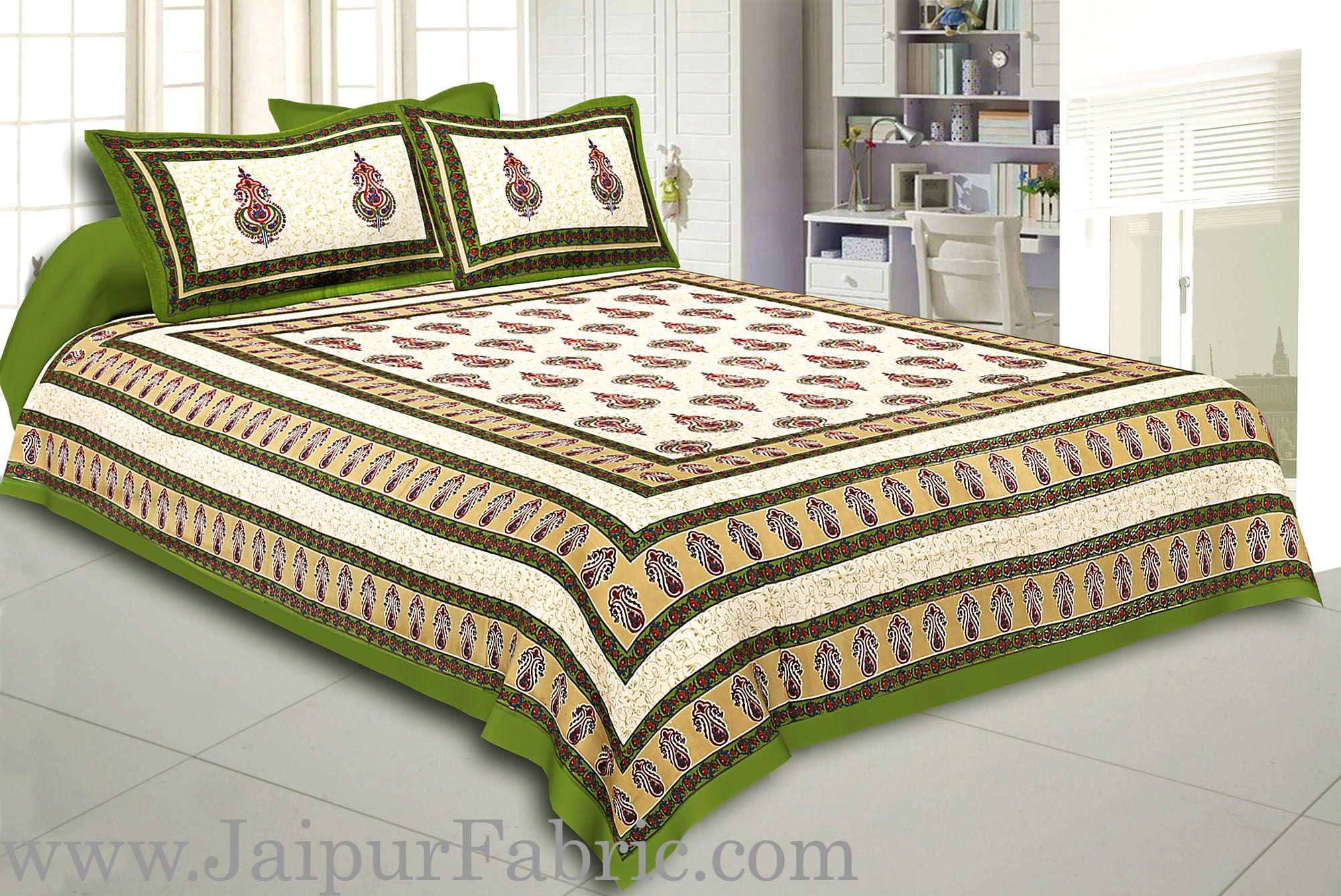 Green Border Cream Base Sanganeri Print Super Fine Cotton Double Bedsheet