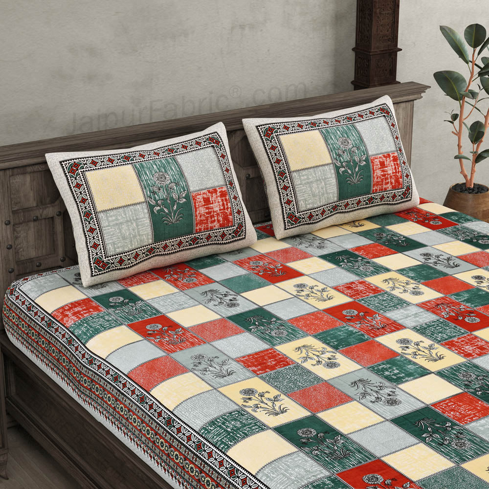 Decorated Squares Red Cotton Double Bedsheet