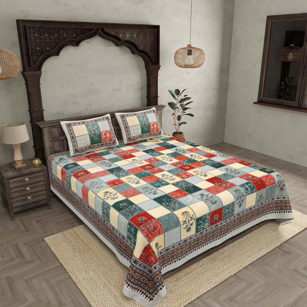 Decorated Squares Red Cotton Double Bedsheet