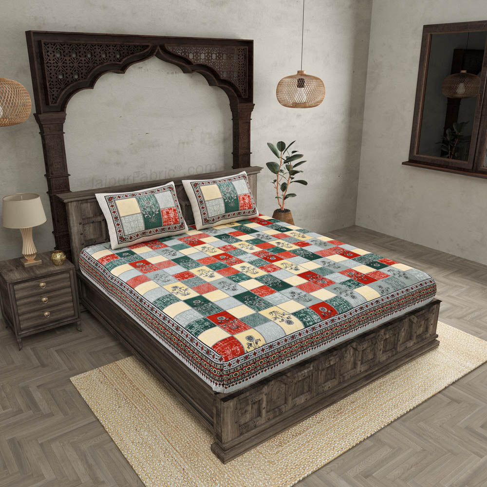 Decorated Squares Red Cotton Double Bedsheet