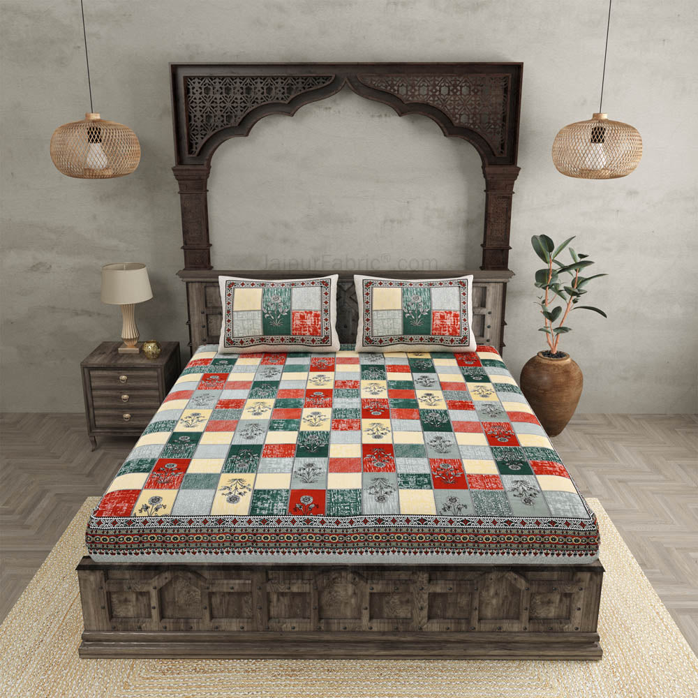 Decorated Squares Red Cotton Double Bedsheet