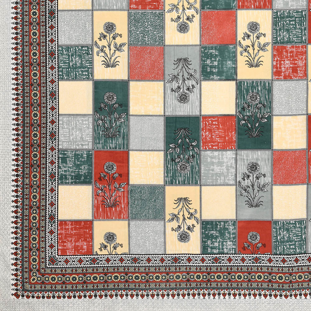 Decorated Squares Red Cotton Double Bedsheet
