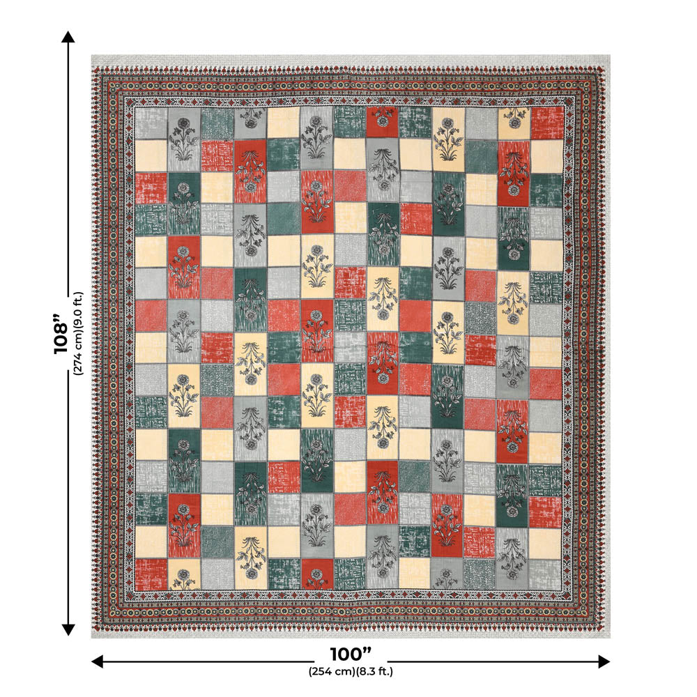 Decorated Squares Red Cotton Double Bedsheet