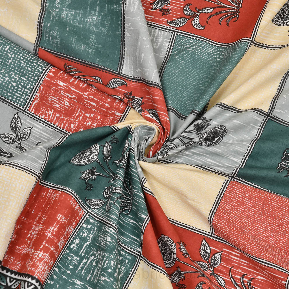 Decorated Squares Red Cotton Double Bedsheet