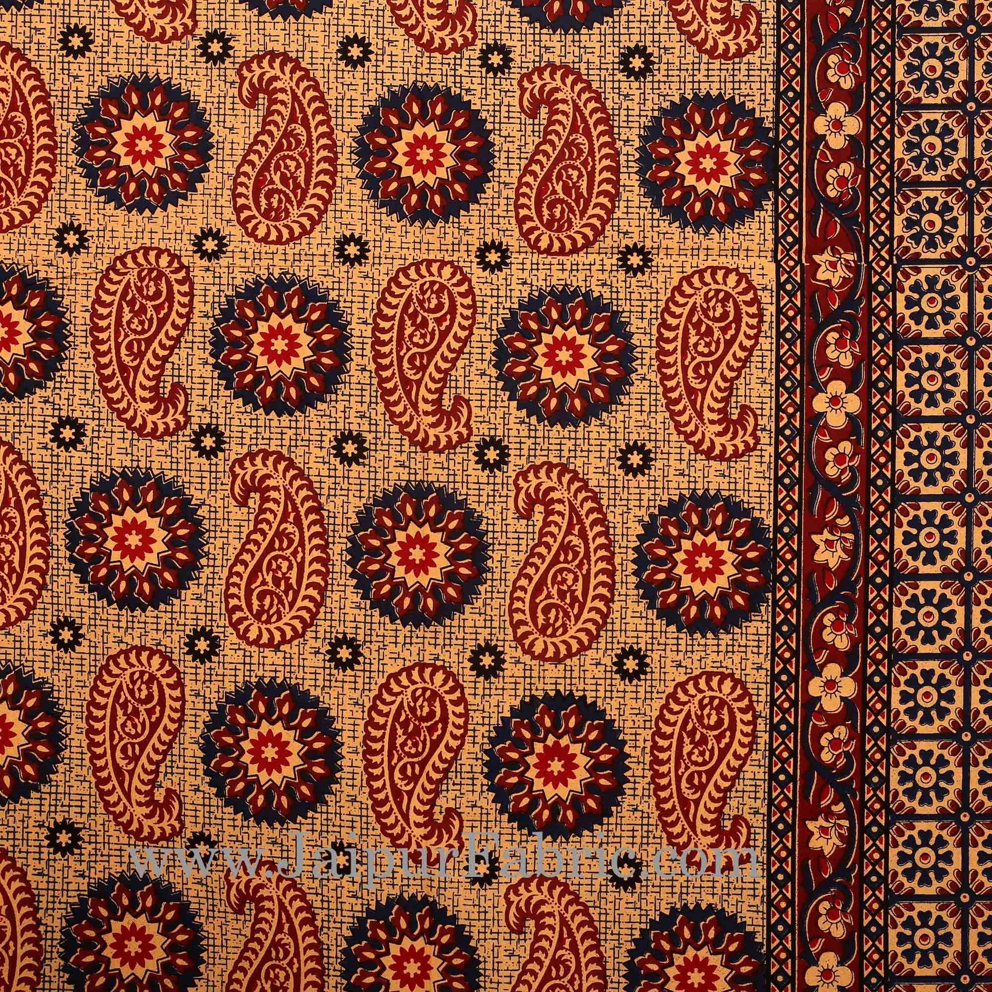 Navy Blue Border Light Brown Base Flower and Paisley Pattern Coton Double Bedsheet