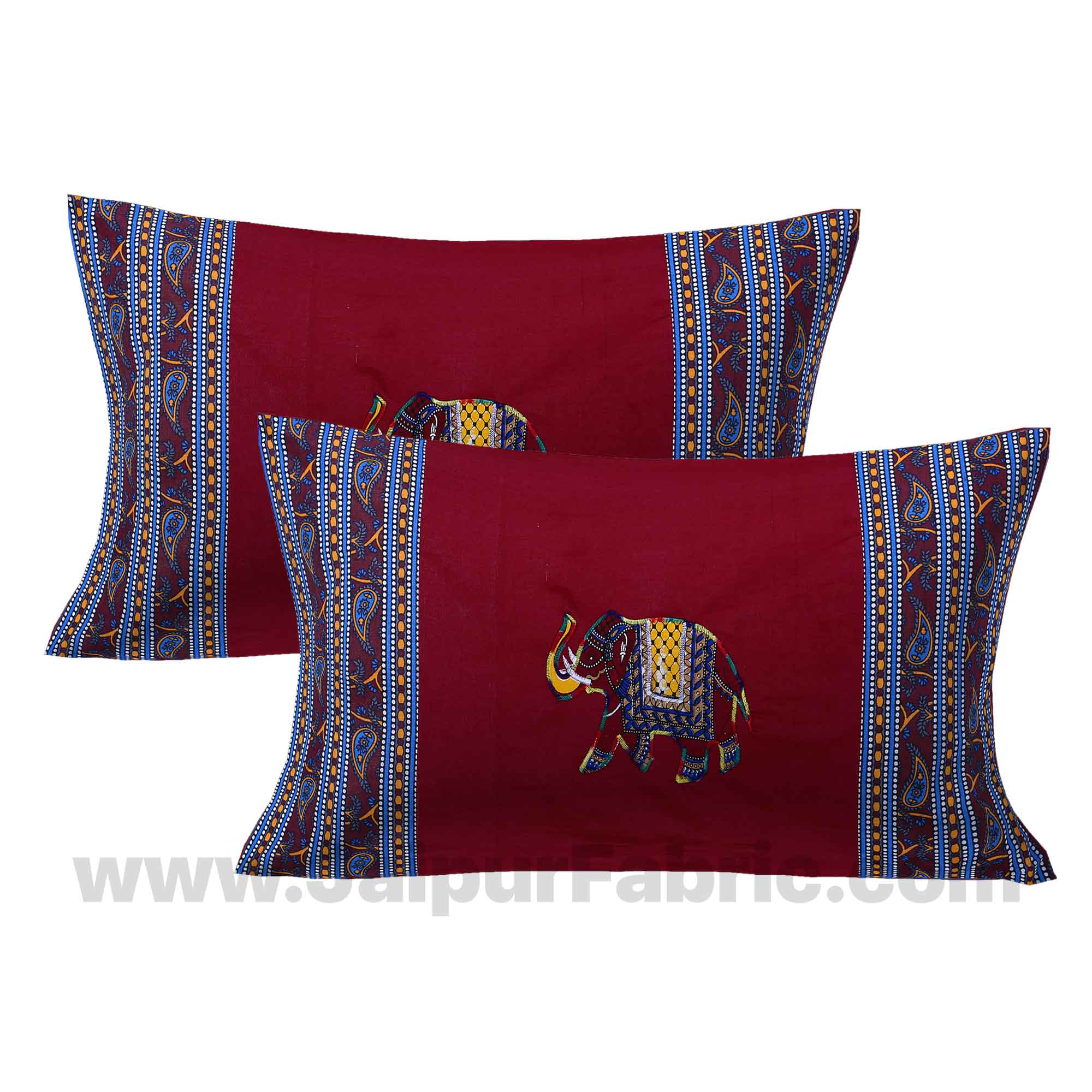 Applique Maroon Elephant Jaipuri Hand Made Embroidery Patch Work Double Bedsheet