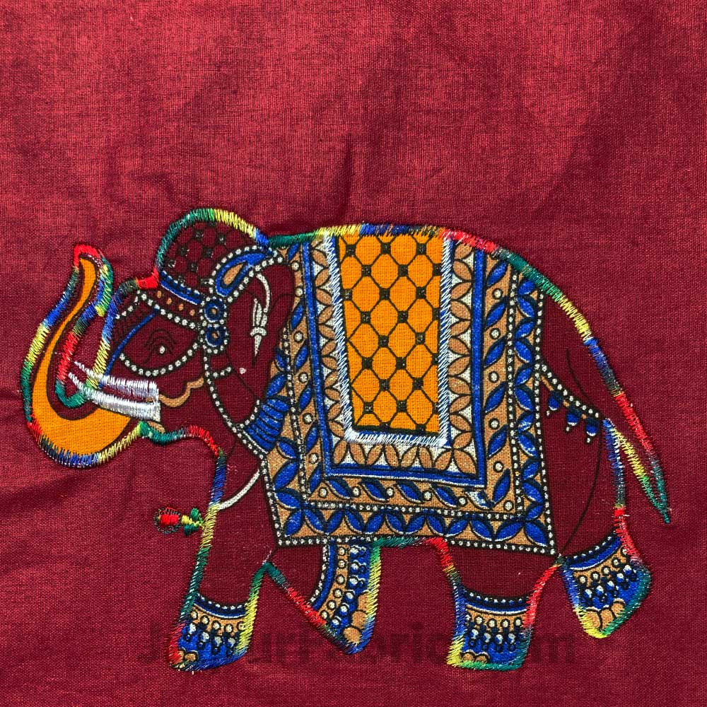 Applique Maroon Elephant Jaipuri Hand Made Embroidery Patch Work Double Bedsheet