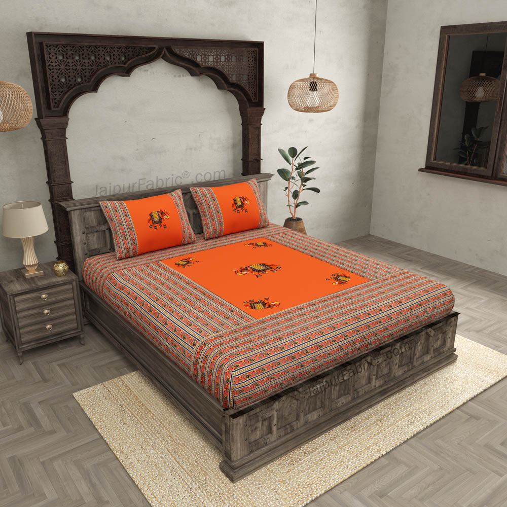 Applique Orange Elephant Jaipuri Hand Made Embroidery Patch Work Double Bedsheet