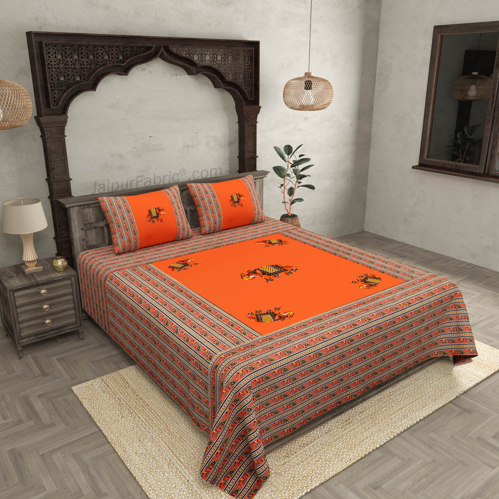 Applique Orange Elephant Jaipuri Hand Made Embroidery Patch Work Double Bedsheet