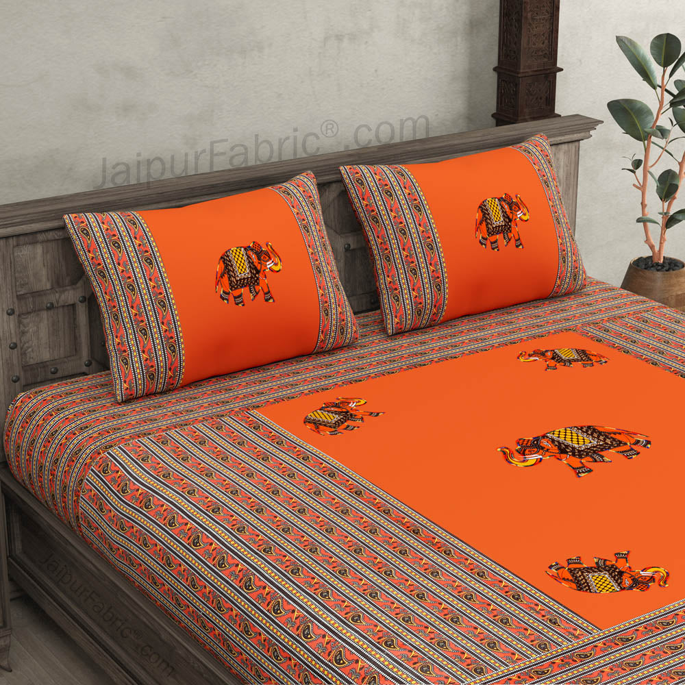 Applique Orange Elephant Jaipuri Hand Made Embroidery Patch Work Double Bedsheet