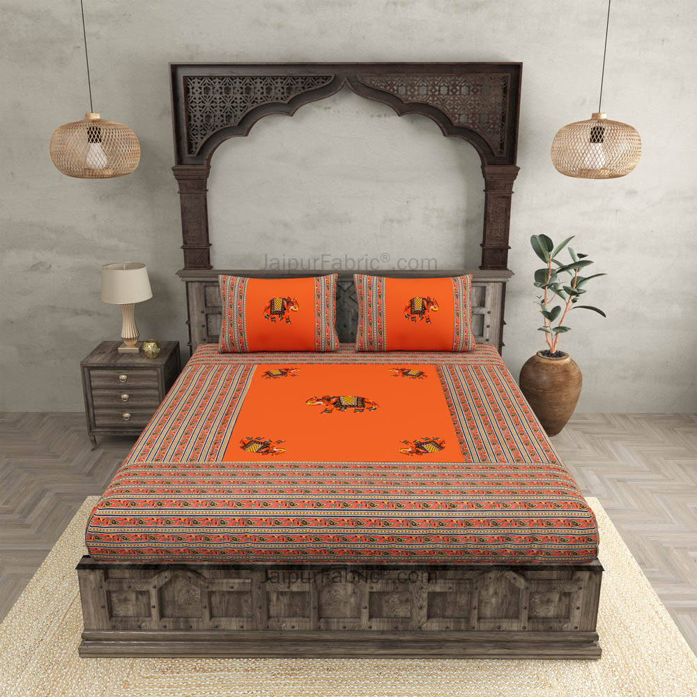 Applique Orange Elephant Jaipuri Hand Made Embroidery Patch Work Double Bedsheet