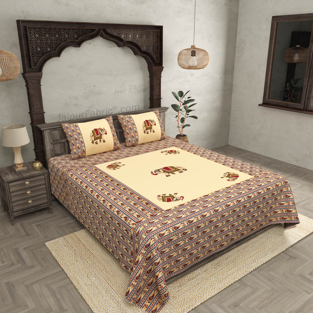 Applique Cream Elephant Jaipuri Hand Made Embroidery Patch Work Double Bedsheet