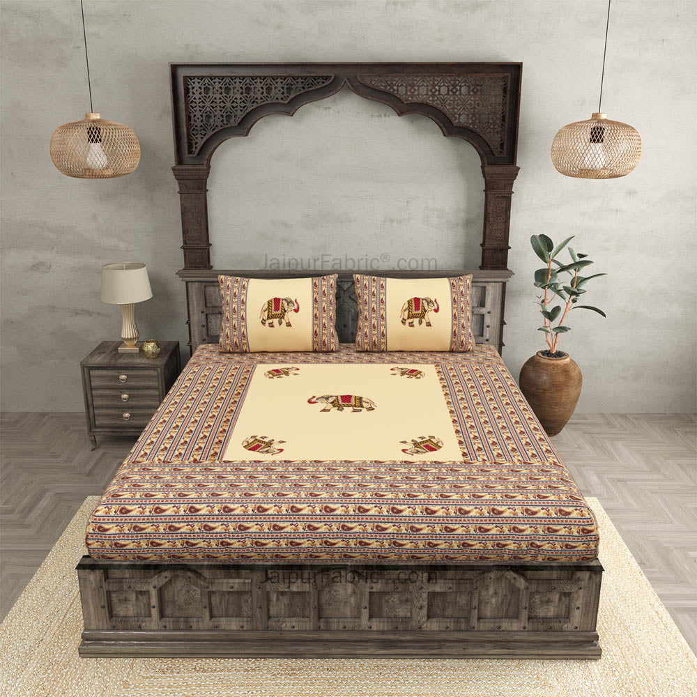 Applique Cream Elephant Jaipuri Hand Made Embroidery Patch Work Double Bedsheet