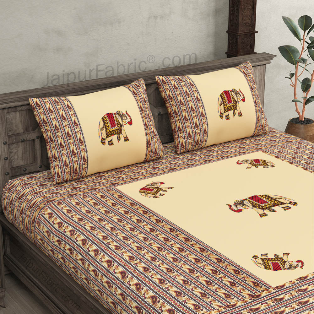 Applique Cream Elephant Jaipuri Hand Made Embroidery Patch Work Double Bedsheet