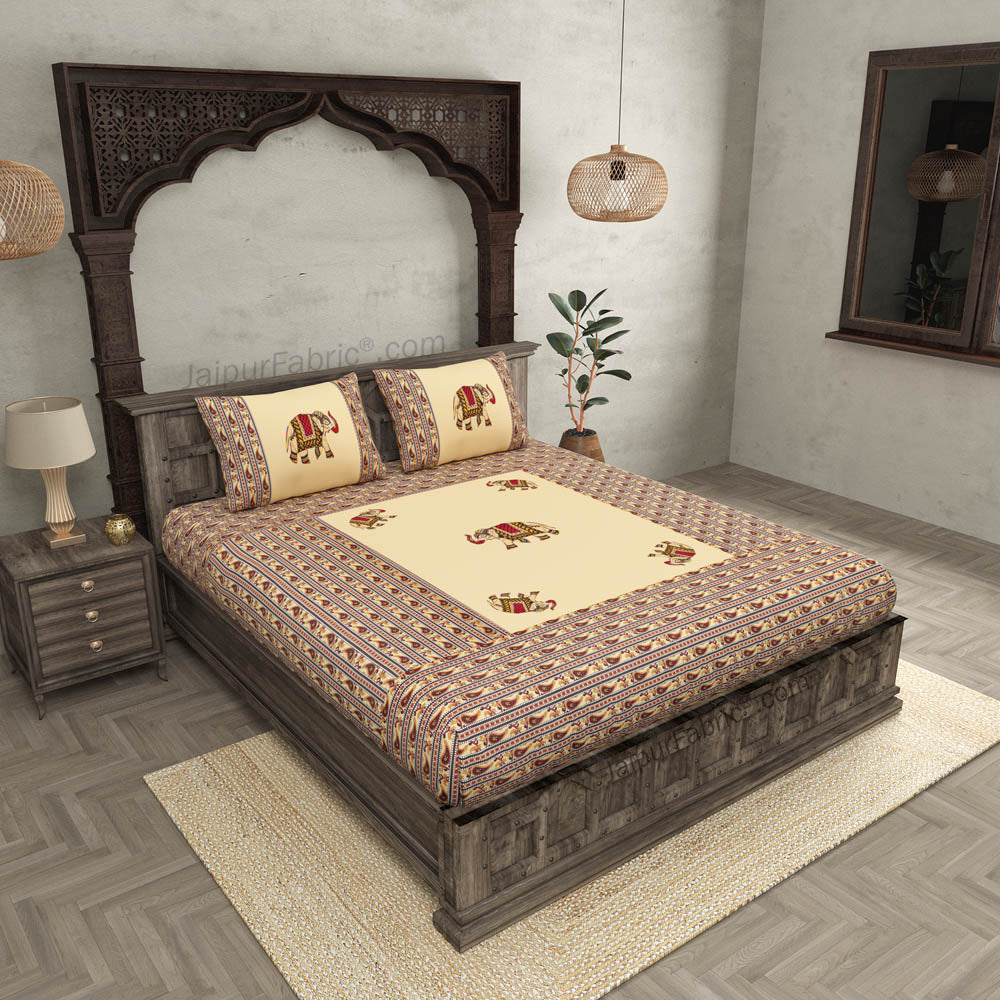 Applique Cream Elephant Jaipuri Hand Made Embroidery Patch Work Double Bedsheet