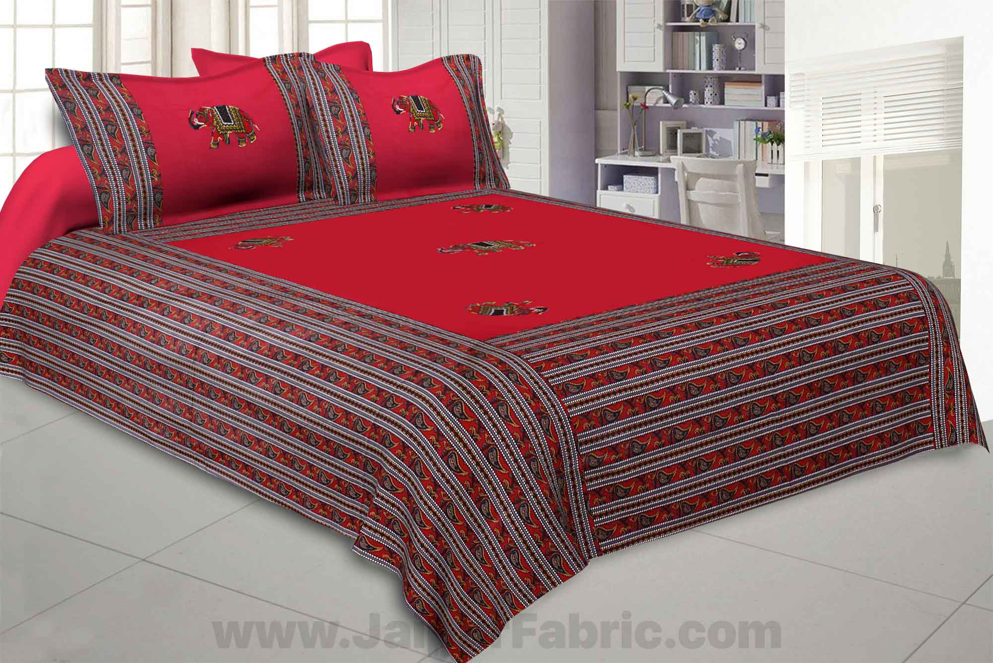 Applique Red Elephant Jaipuri Hand Made Embroidery Patch Work Double Bedsheet