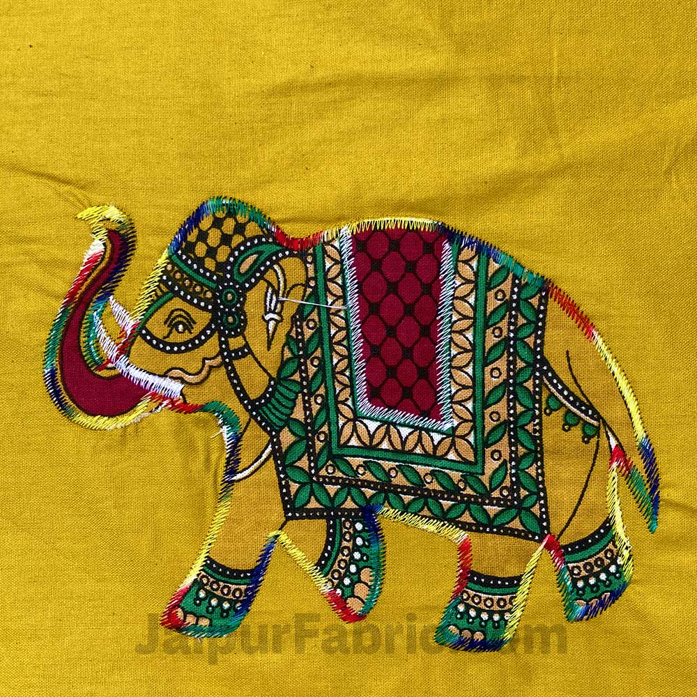 Applique Mehandi Green Elephant Jaipuri Hand Made Embroidery Patch Work Double Bedsheet