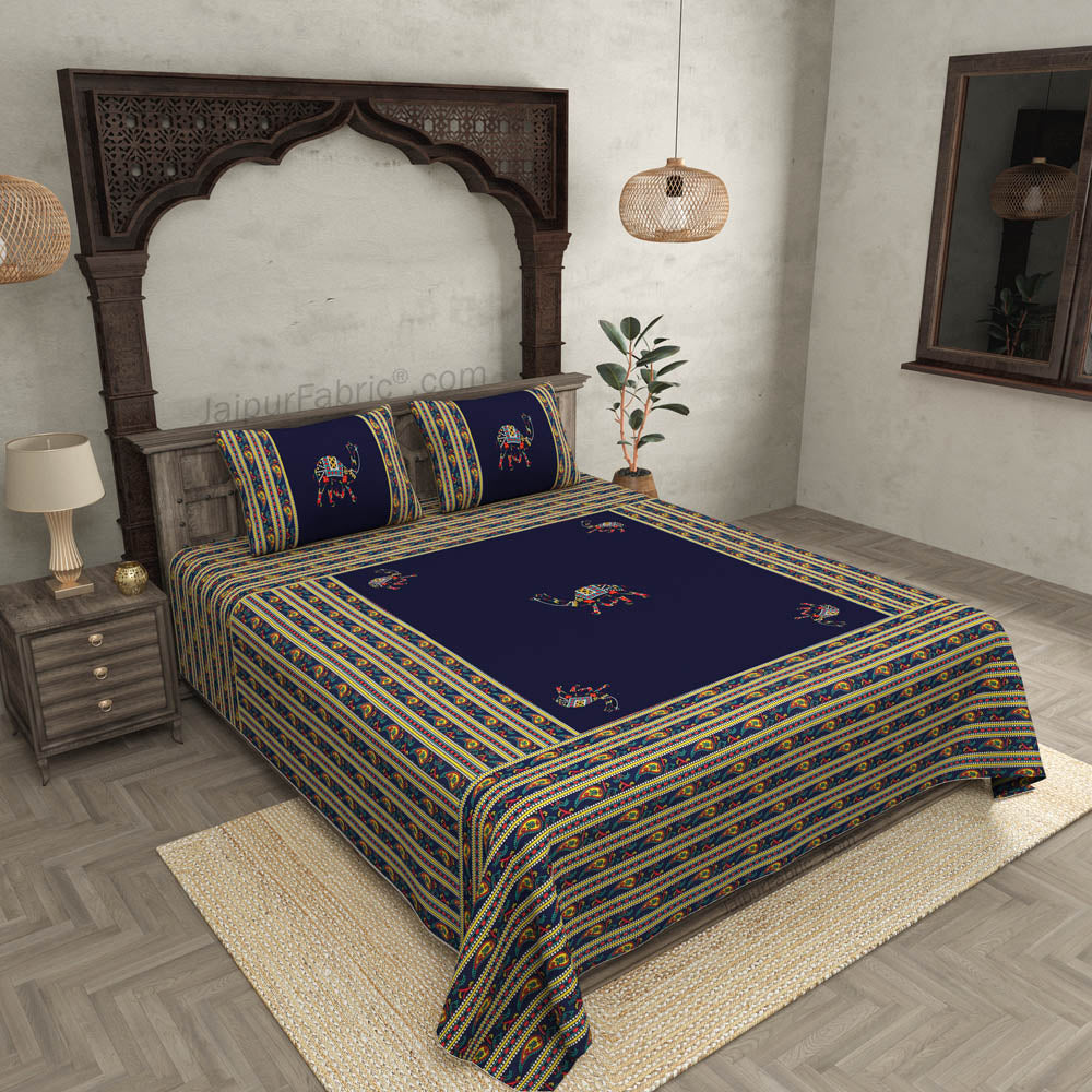 Applique Blue Camel Jaipuri Hand Made Embroidery Patch Work Double Bedsheet