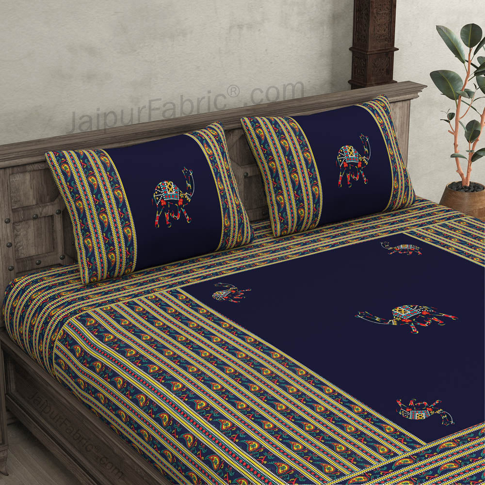 Applique Blue Camel Jaipuri Hand Made Embroidery Patch Work Double Bedsheet