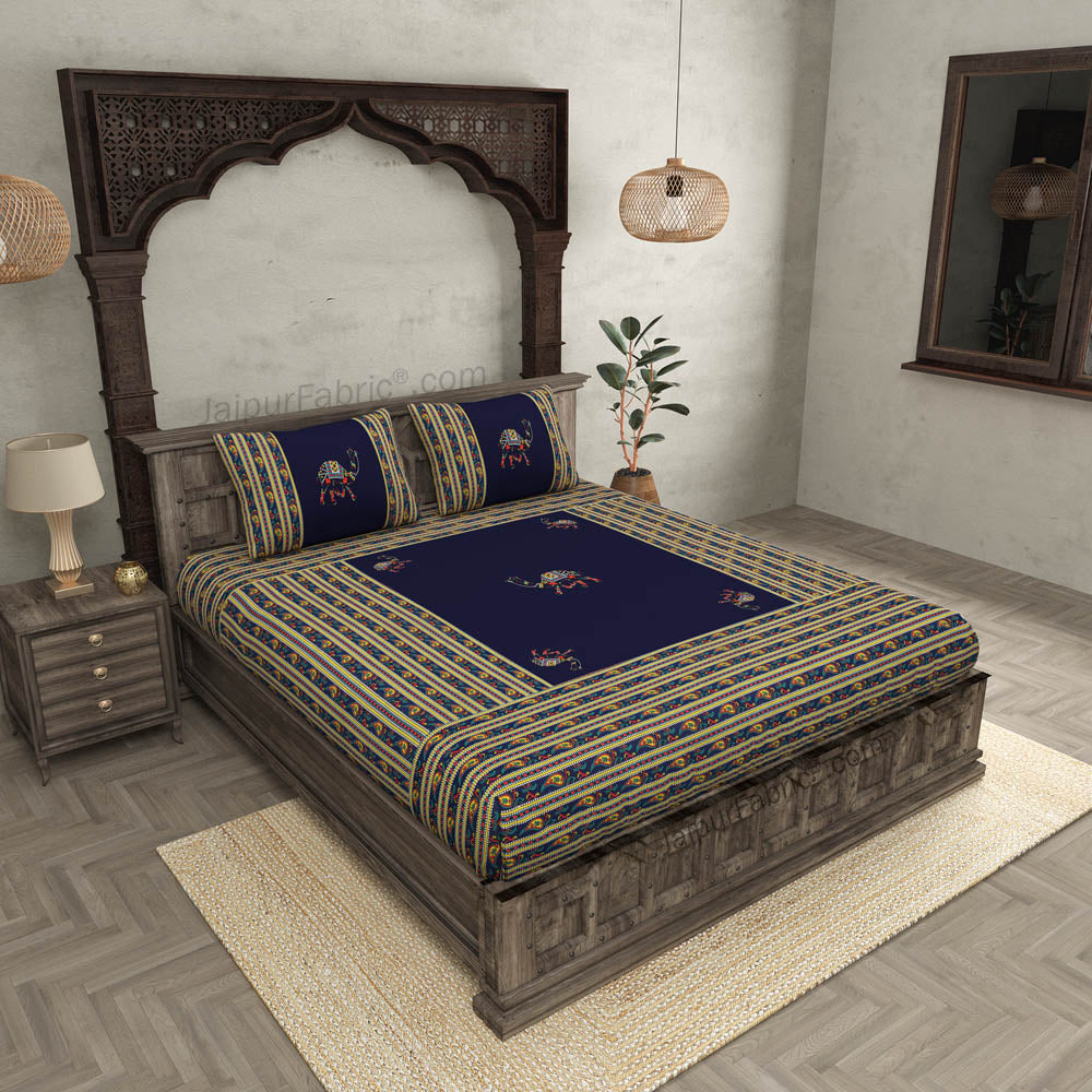 Applique Blue Camel Jaipuri Hand Made Embroidery Patch Work Double Bedsheet