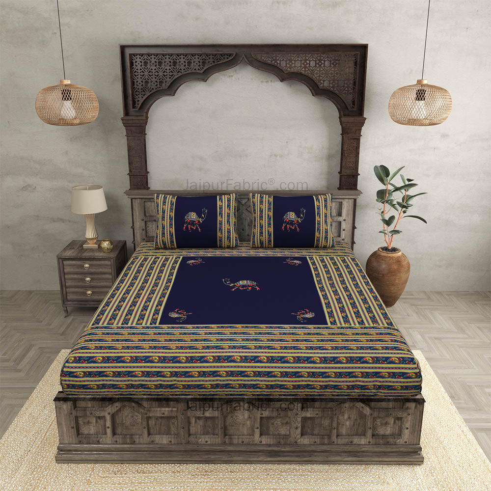 Applique Blue Camel Jaipuri Hand Made Embroidery Patch Work Double Bedsheet