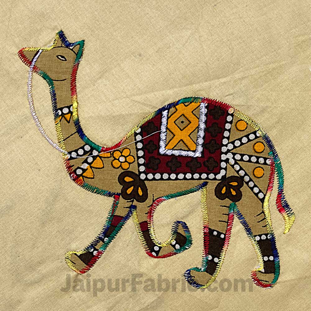 Applique Cream Camel Jaipuri Hand Made Embroidery Patch Work Double Bedsheet