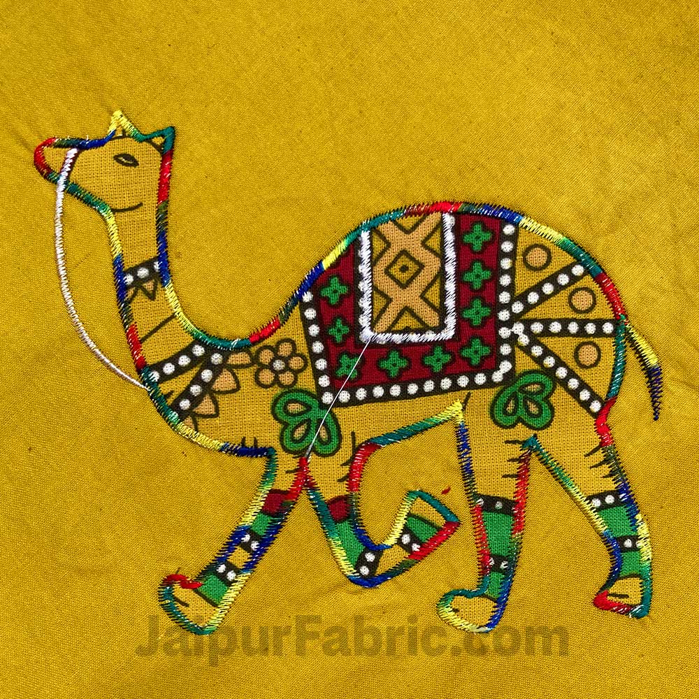 Applique Mehandi Green Camel Jaipuri Hand Made Embroidery Patch Work Double Bedsheet