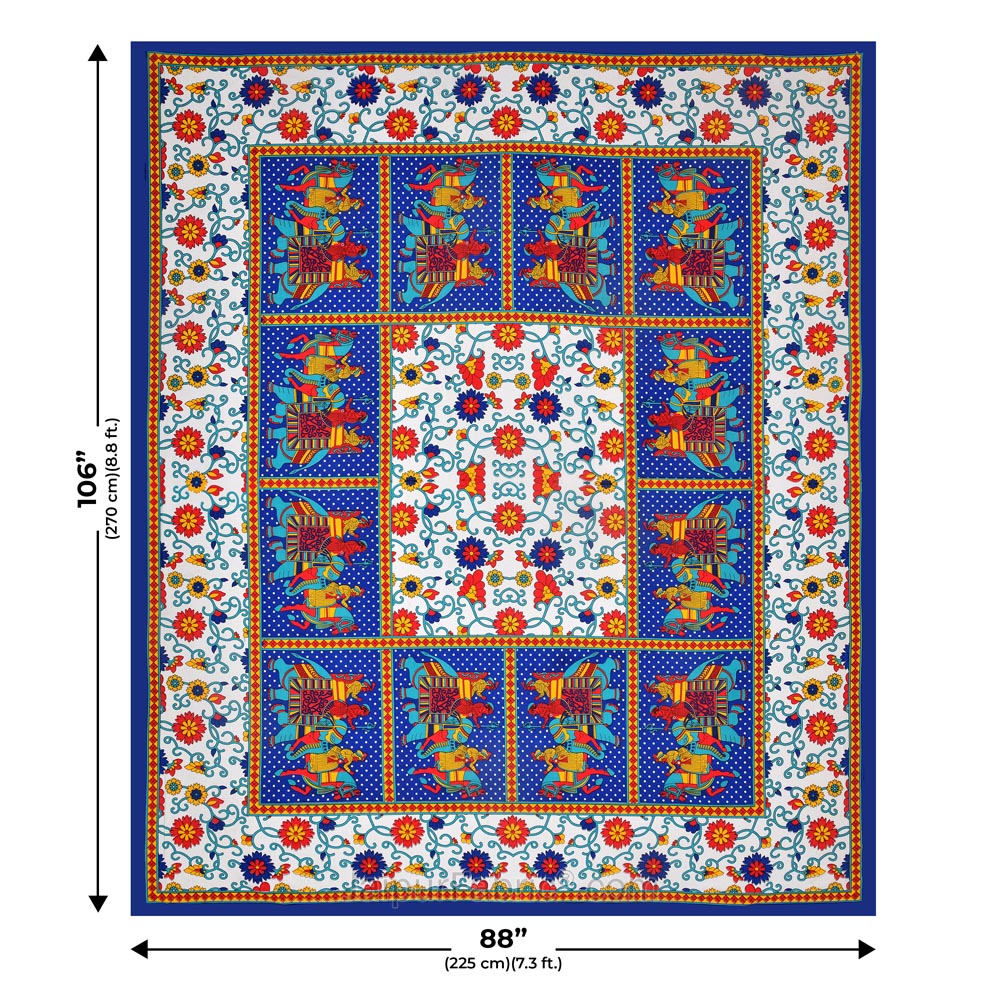 Blue Border Big Elephant Printed Cotton Double Bed Sheet