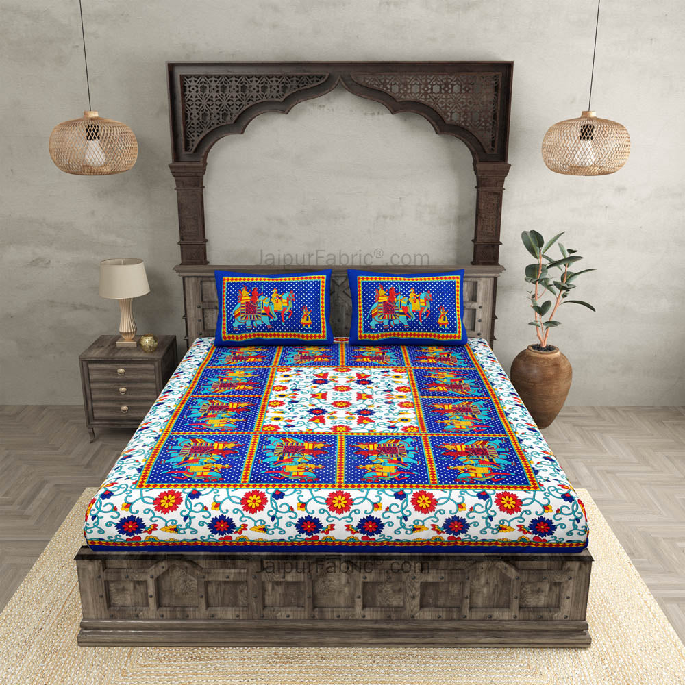 Blue Border Big Elephant Printed Cotton Double Bed Sheet