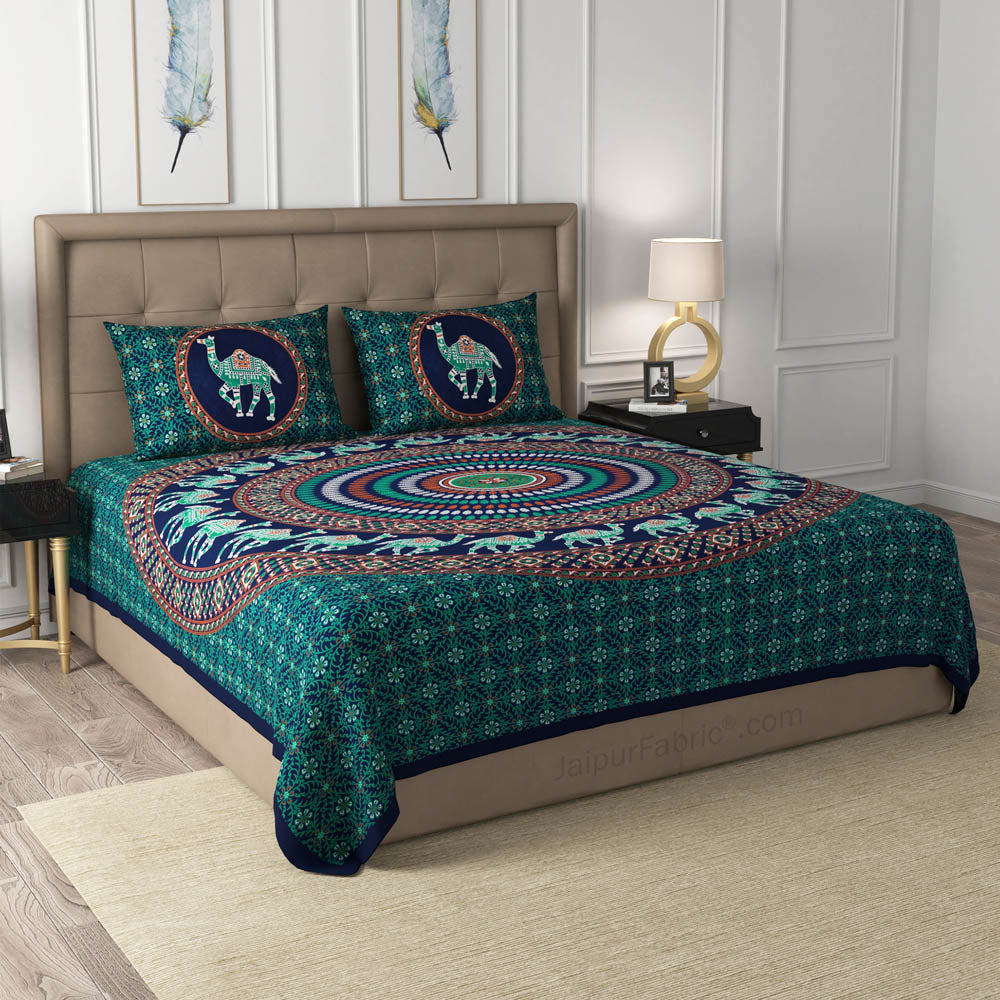 Green Camel Mandala Cotton Double Bedsheet