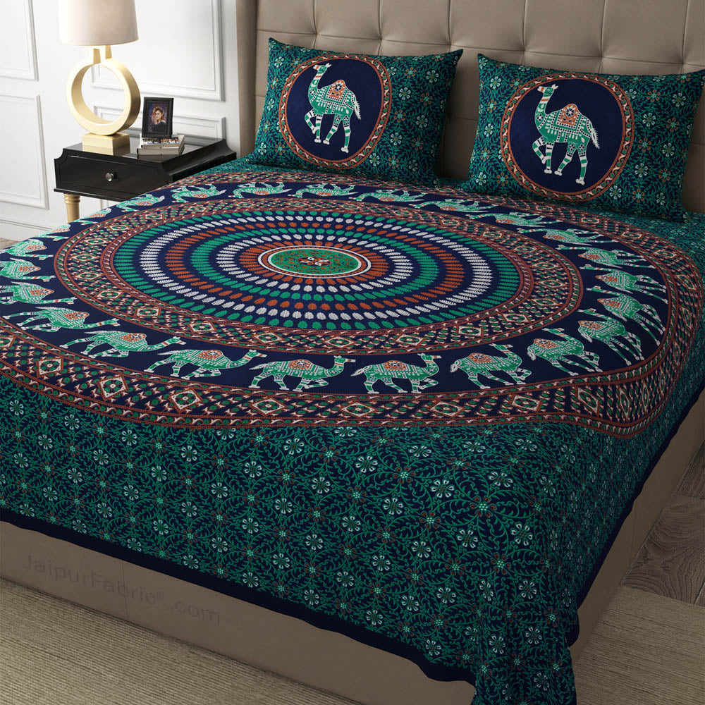 Green Camel Mandala Cotton Double Bedsheet