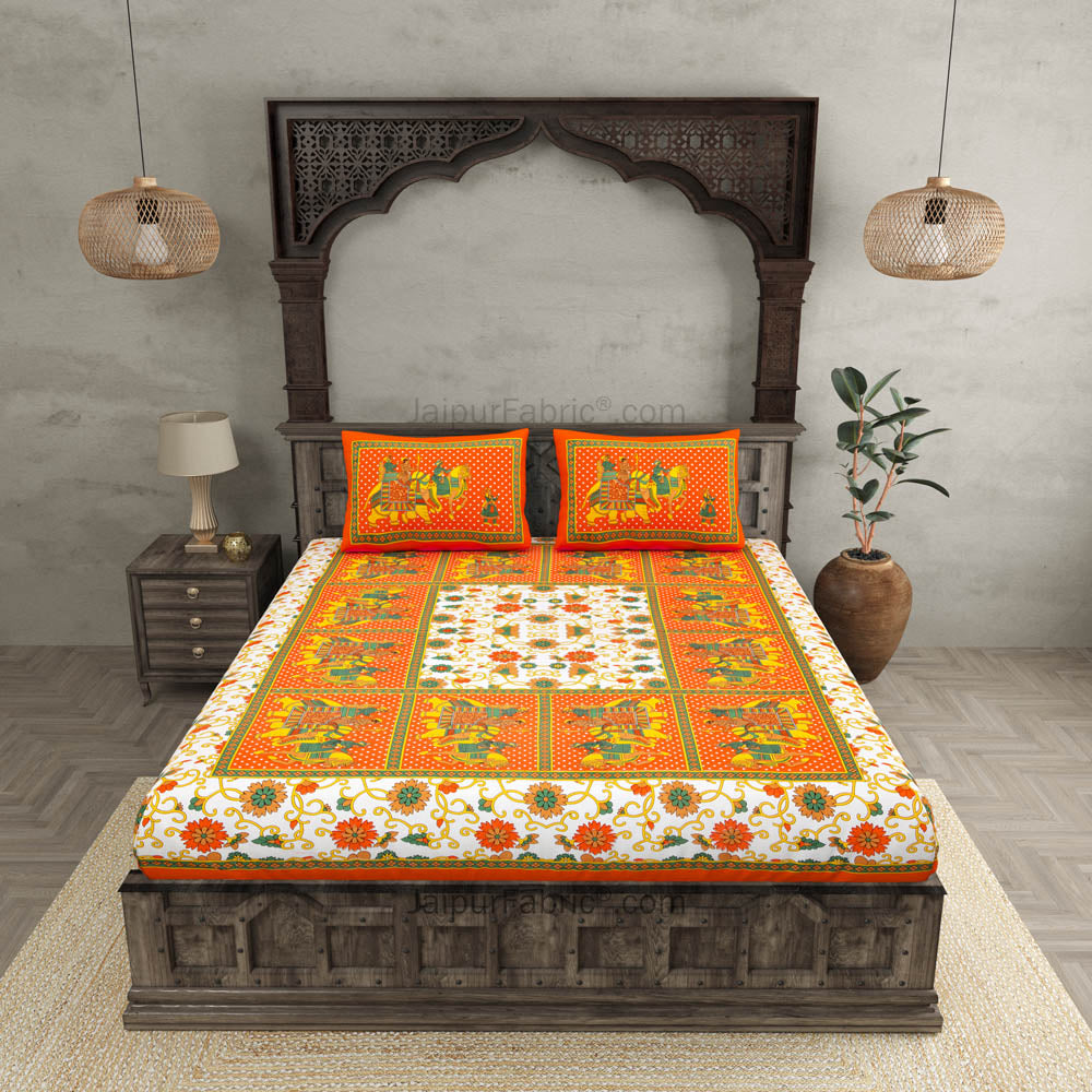 Orange Big Elephant Printed Cotton Double Bed Sheet
