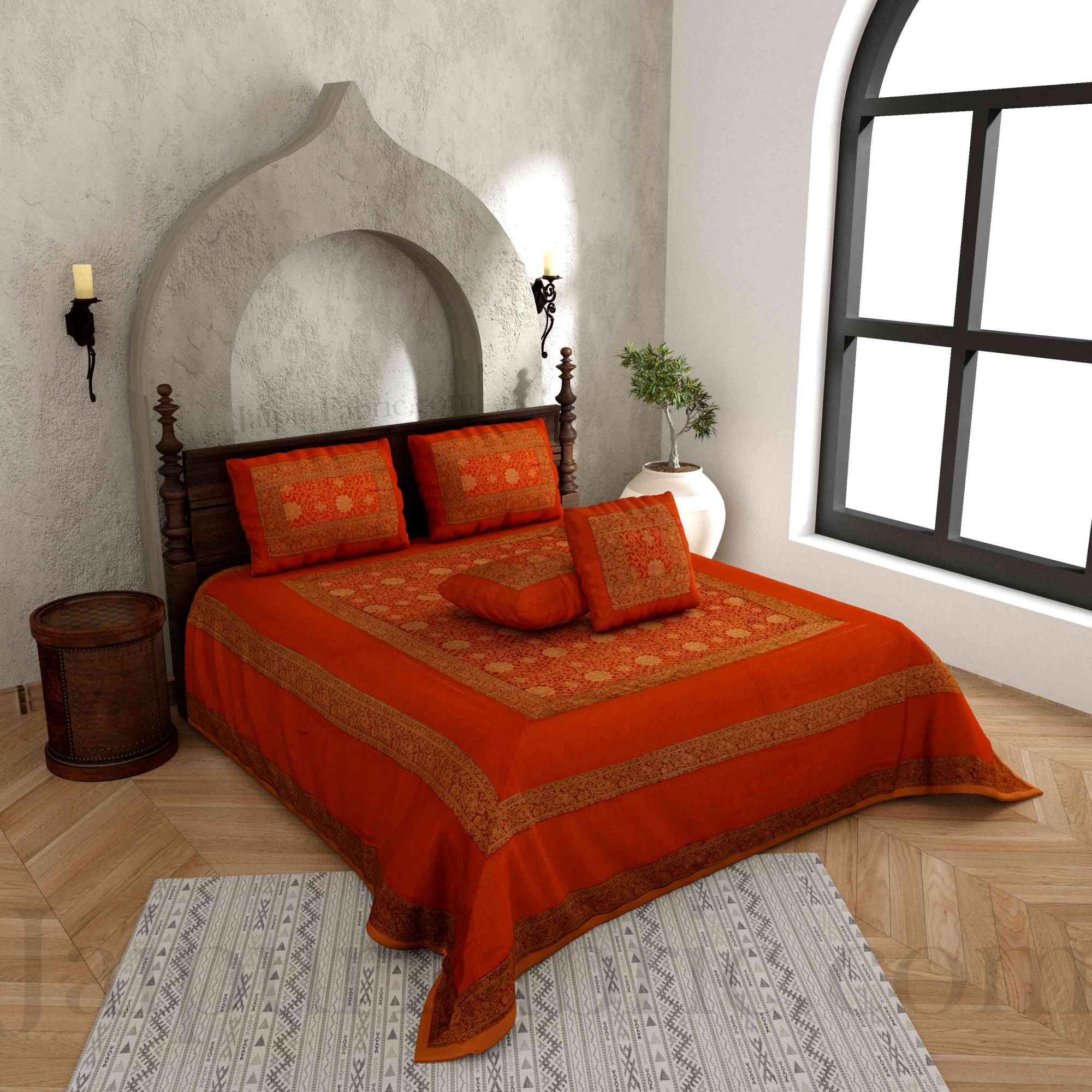 Brown Rajasthani Zari Embroidered Lace Work Silk Double Bed Sheet