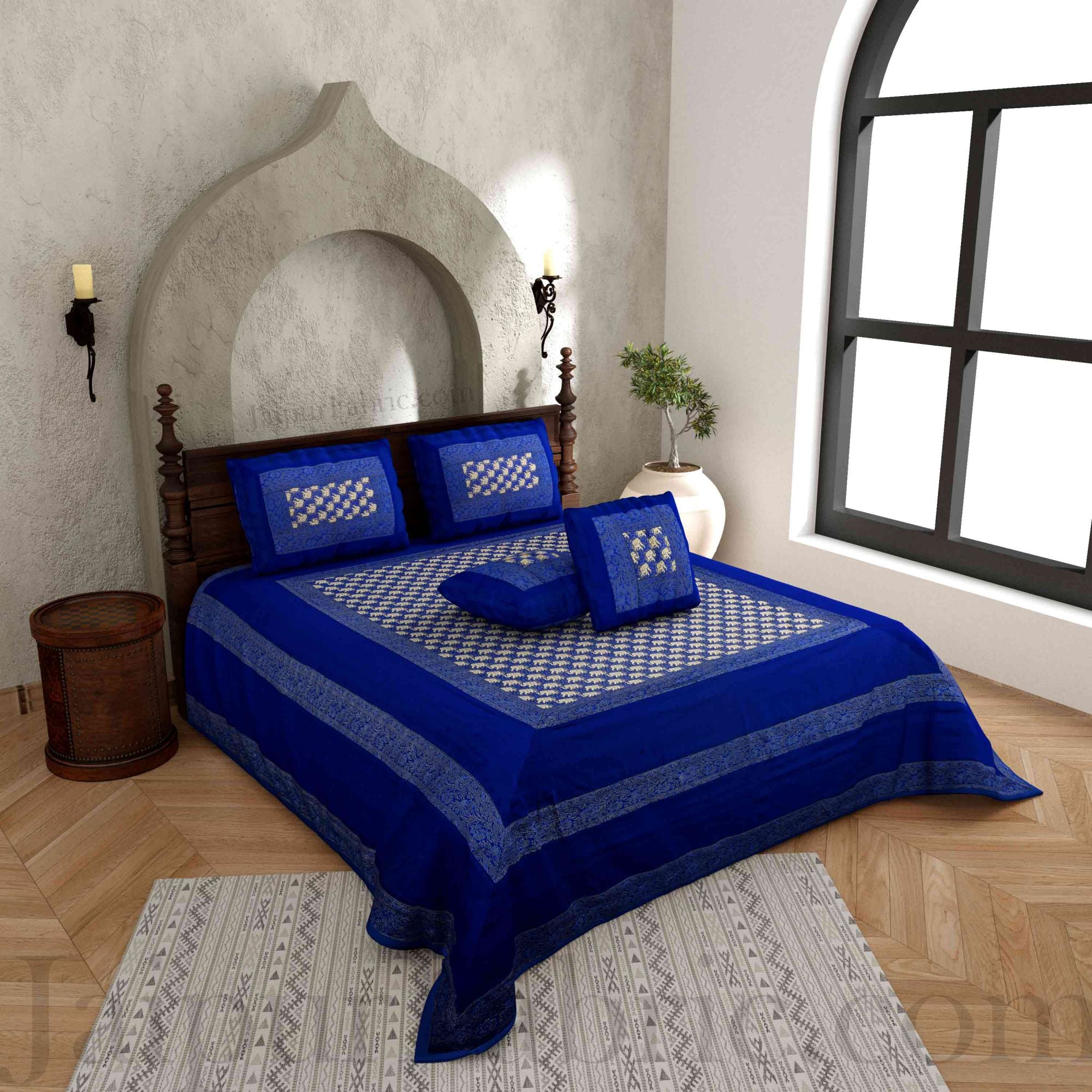 Blue Rajasthani Zari Embroidered Lace Elephant Thread Work Silk Double Bed Sheet Sort Order 1