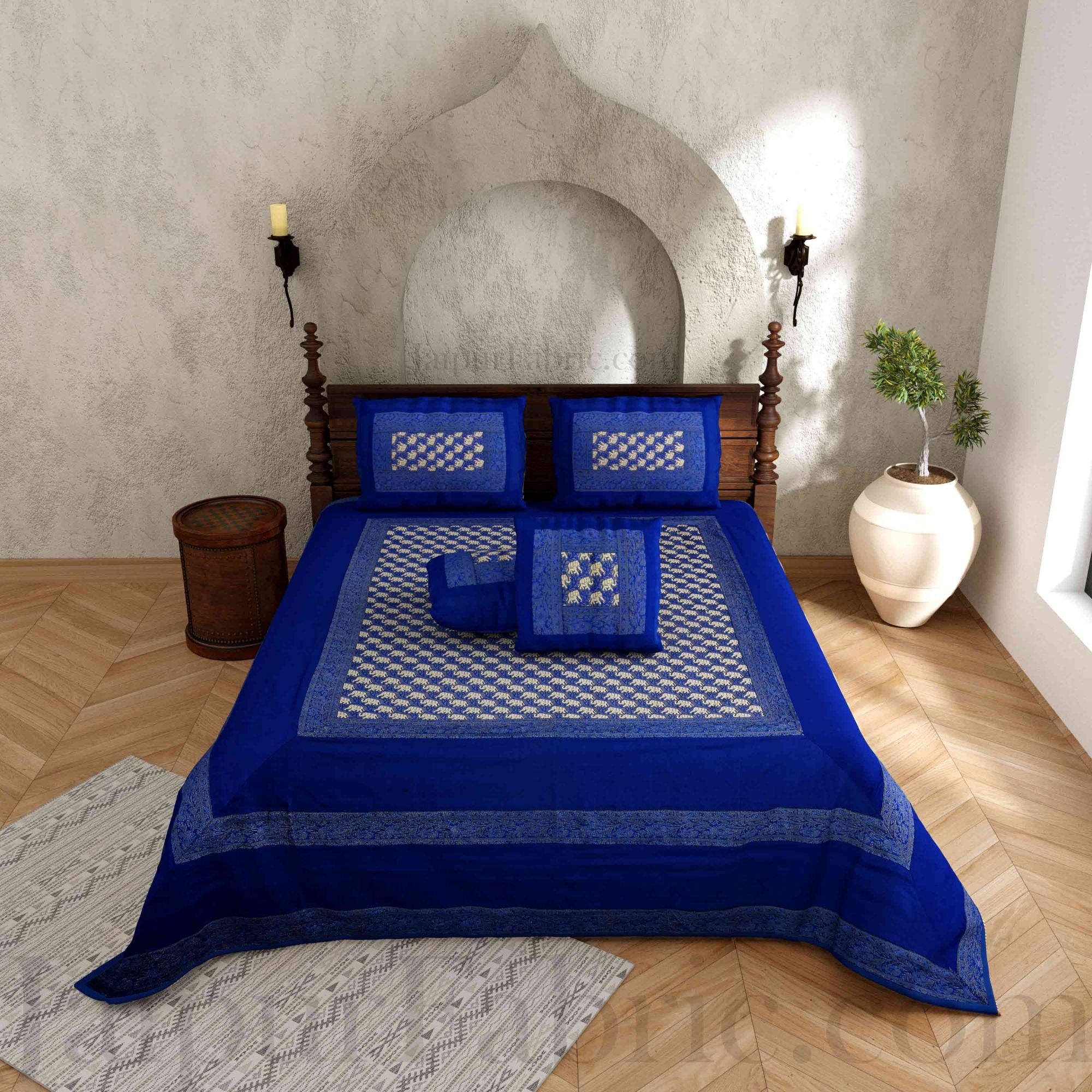 Blue Rajasthani Zari Embroidered Lace Elephant Thread Work Silk Double Bed Sheet Sort Order 1