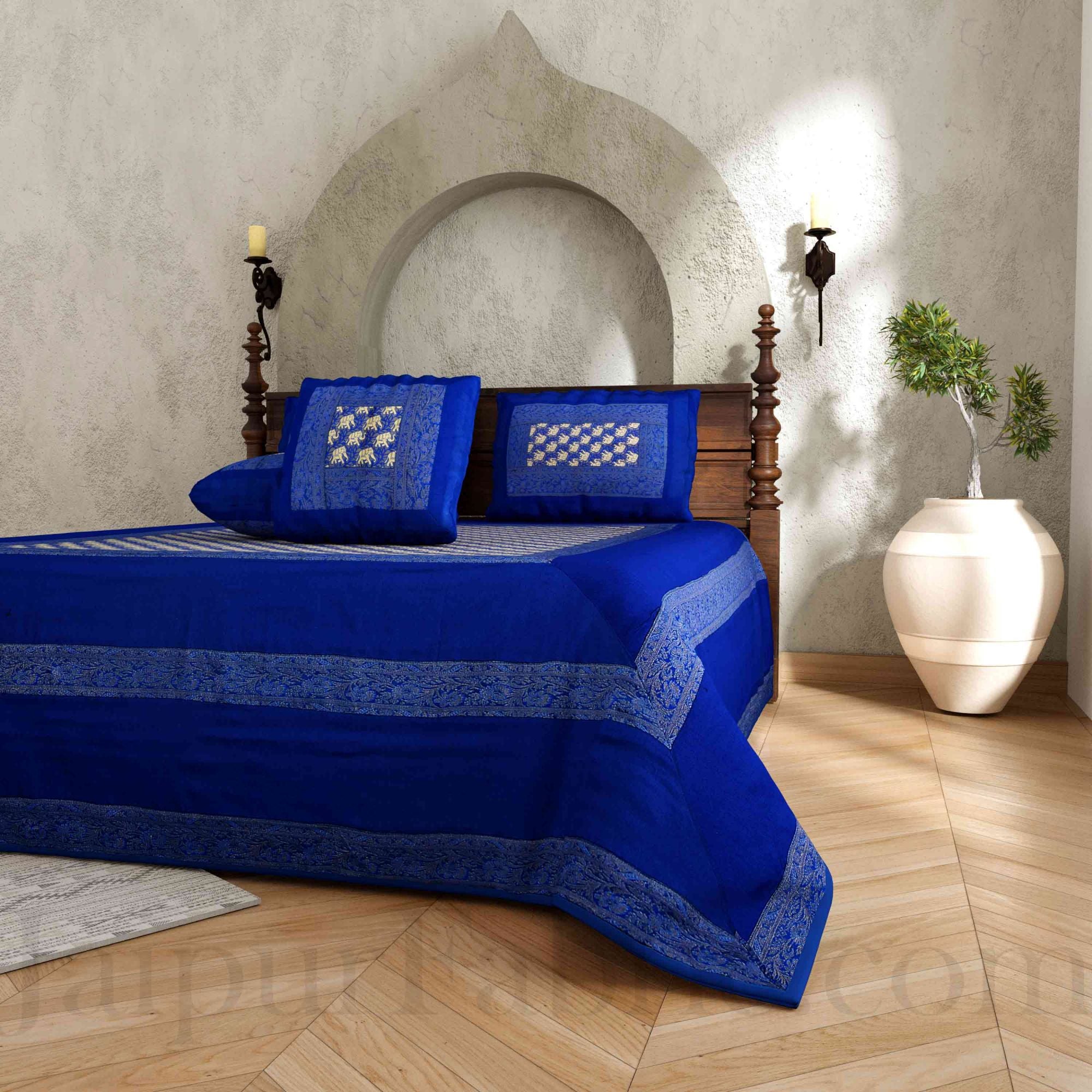Blue Rajasthani Zari Embroidered Lace Elephant Thread Work Silk Double Bed Sheet Sort Order 1
