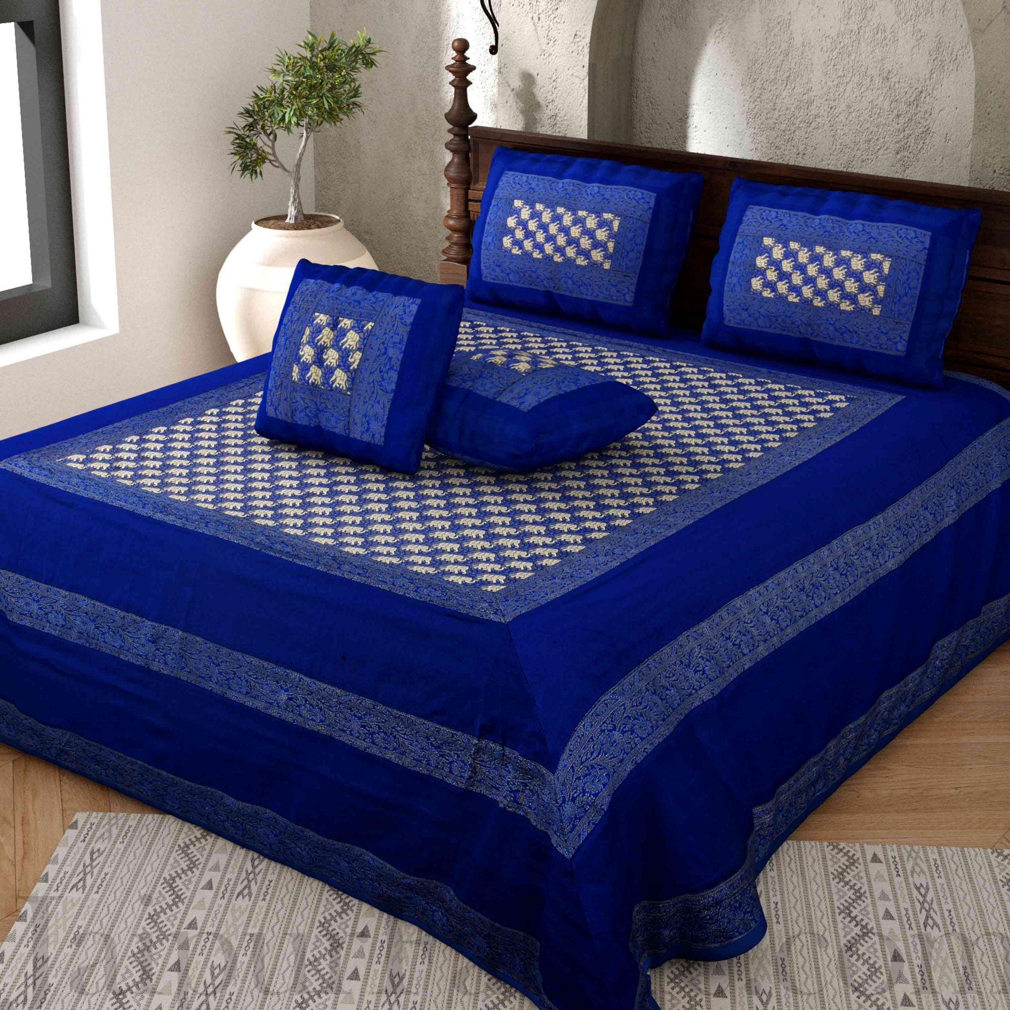 Blue Rajasthani Zari Embroidered Lace Elephant Thread Work Silk Double Bed Sheet Sort Order 1